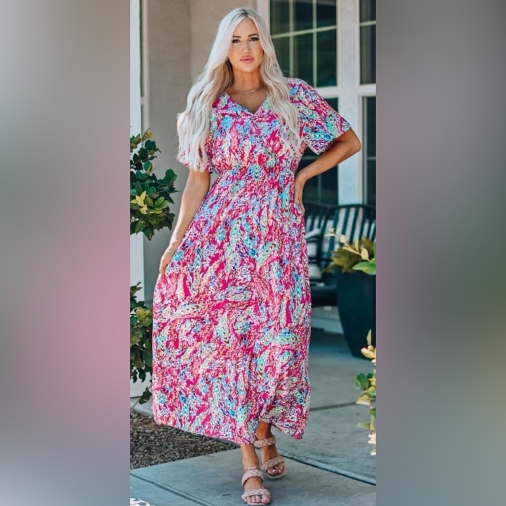 Multicolor Paisley V Neck Empire Waist Maxi Dress
